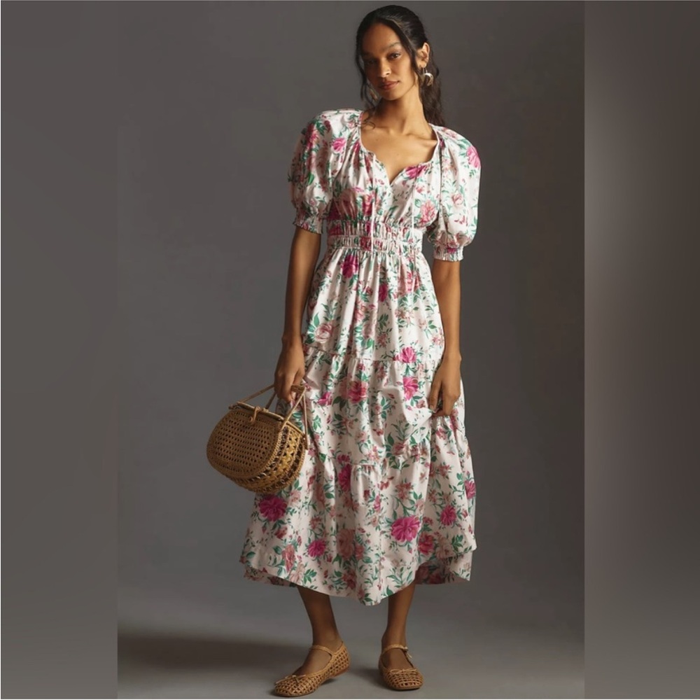 Anthropologie Smocked Tiered White and Pink Midi Dress